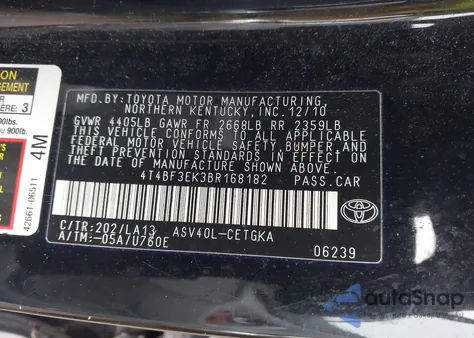 2011 Toyota Camry Xle z USA, uszkodzony, nr VIN 4T4BF3EK3BR168182